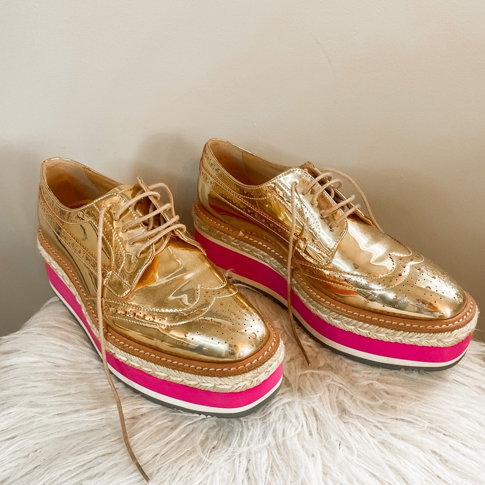 PRADA Espadrille Oxford Gold Platform Sneakers Size 38